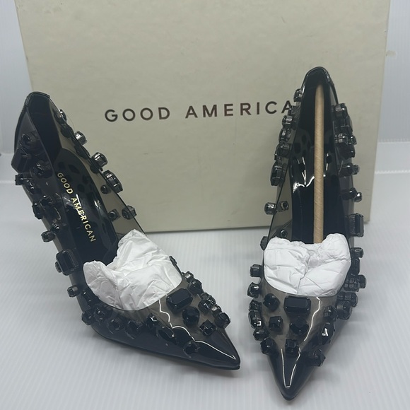 Good American Shoes - BN IN BOX Good American Light smoke Jeweled Emma Heels Sz 4